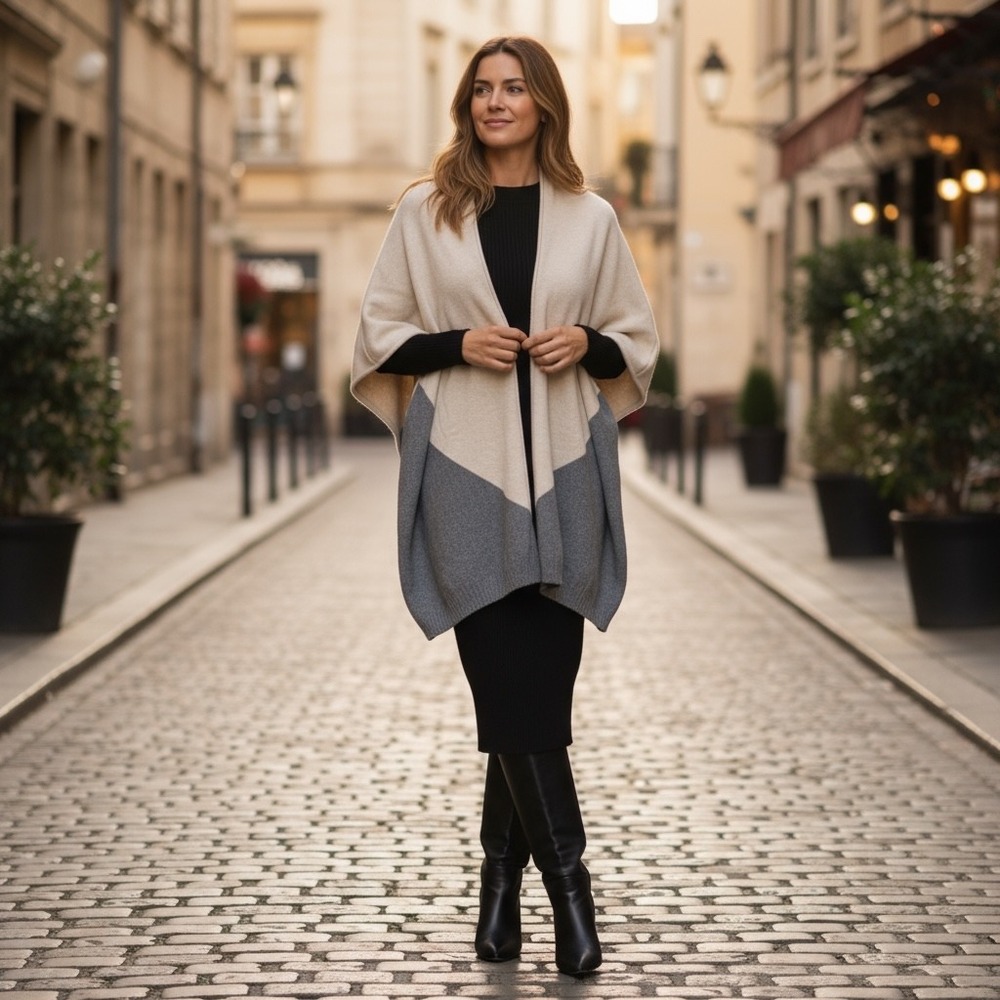 Nordstrom Beige Gray Colorblock‎ Cashmere Poncho Wrap Shawl One Size